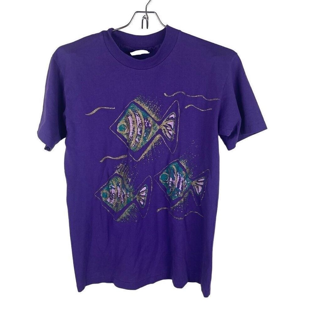 Vintage Single Stitch Hanes 50-50 Purple‎ Fish 80s Short Sleeve T-Shirt Size S